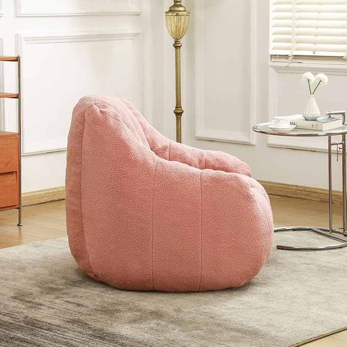 Furniliving Bean Bag Chair, Oversized Bean Bag Couch for Adults Lounge Chair for Bedroom Comfy Bean Bag Sofa with Back Support, Fluffy and Lazy Sofa for Living Room Bedroom Dorm, Pink, Teddy