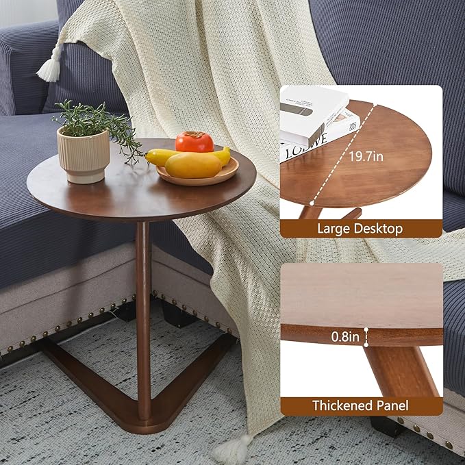 CozyDH Round End Table, Solid Wood C Shape Round Side Table, Walnut Coffee Bedside Table, Small Nightstand for Bedroom Living Room Office