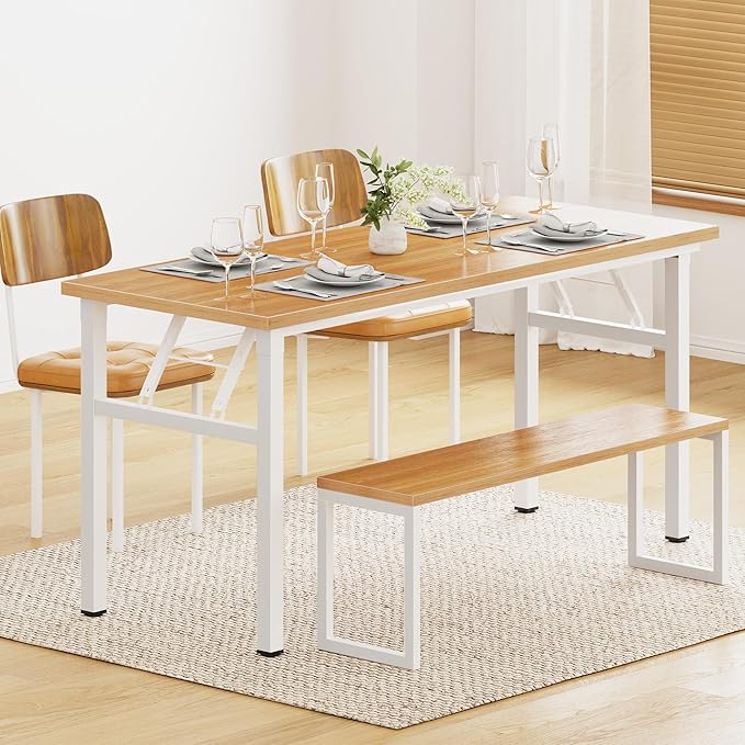 DlandHome Computer Desk 62 inches Office Desk Computer Table Study Writing Desk Workstation for Home Office Metal Frame Teak and White