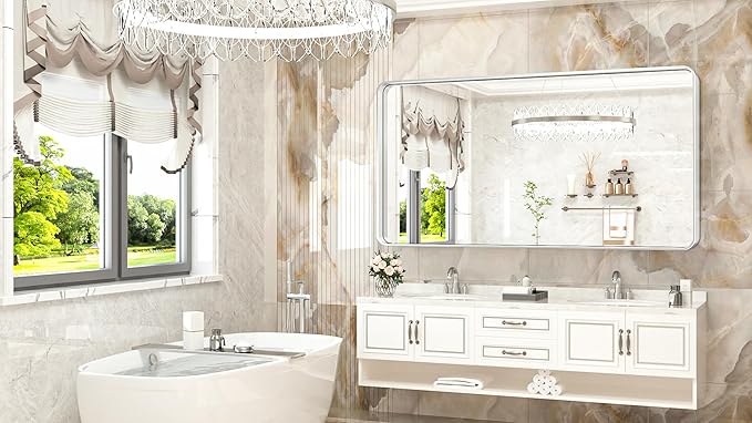 TokeShimi 60 x 28 Inch Wall Mirror for Bathroom Brushed Silver Metal Frame Decorative Rectangular Wall Mounted Home Decor Corner Hangs Farmhouse Mirror (Horizontal/Vertical)