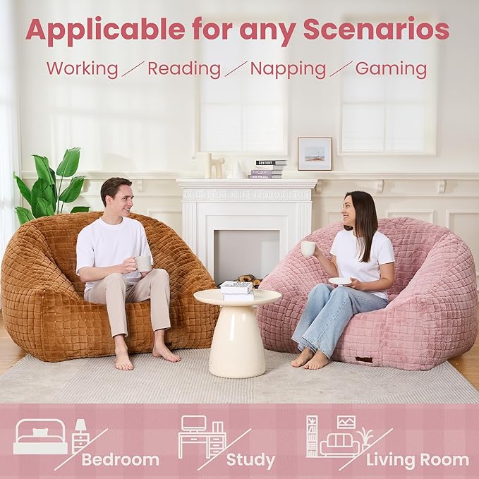 Bean Bag Chairs for Adults, Giant Beanbag Sofa Comfy Reading Chair, Oversized Bean Bag Chairs for Living Room Bedroom, Soft Faux Fur Fabric, 3.2FT, Pink, Checkered