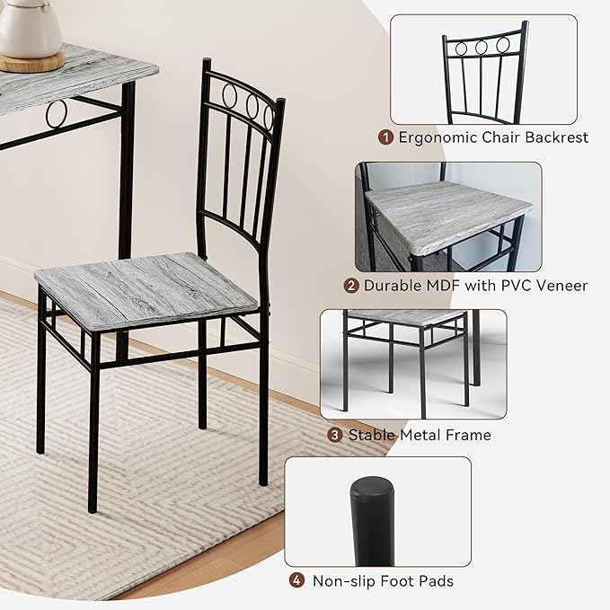 Vipbear Kitchen Dining Table Set for 4, 5-Piece Kitchen Table Set,Dining Room Table Sets,Rectangular Kitchen Table Set with 4 Chairs for Small Space, Dinette,Apartment,Rustic Grey