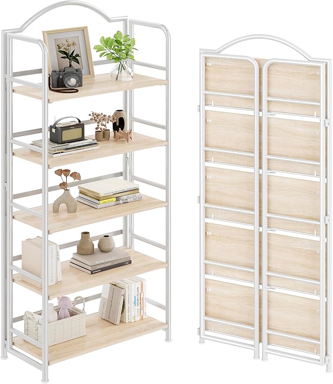No-Assembly Folding Bookshelf Storage Shelves 5 Tiers Vintage Multifunctional Plant Stand Storage Rack Shelves Bookcase for Home Office