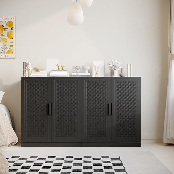 Buffet Cabinet, 4-Doors Sideboard Cabinet with Rattan Panels, Buffet Console Accent Table for Hallway Entryway Dining Room, 72", Black