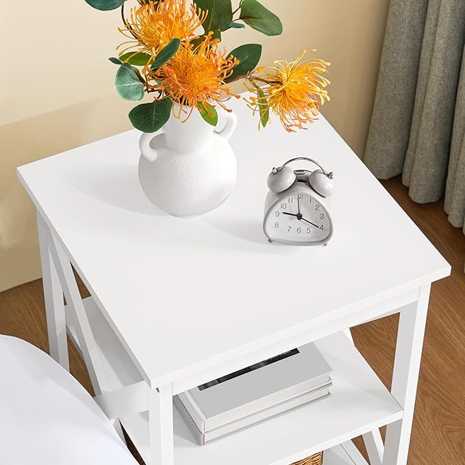 Yaheetech End Tables Set of 2, 3-Tier Side Tables with Storage for Living Room, Sturdy X Design Wooden Large Sofa Side Table Storage Cabinet with Shelves, 16x16x24’’(LxWxH), White