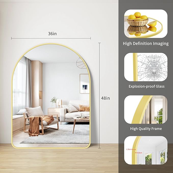 FORBATH Large Arched Wall Mirror 48x36 Inch, Gold Arch Bathroom Mirror with Aluminum Frame, Arched Mirror for Dresser, Fireplace,Entryway,Home Decor,Hanging or Leaning Against Wall