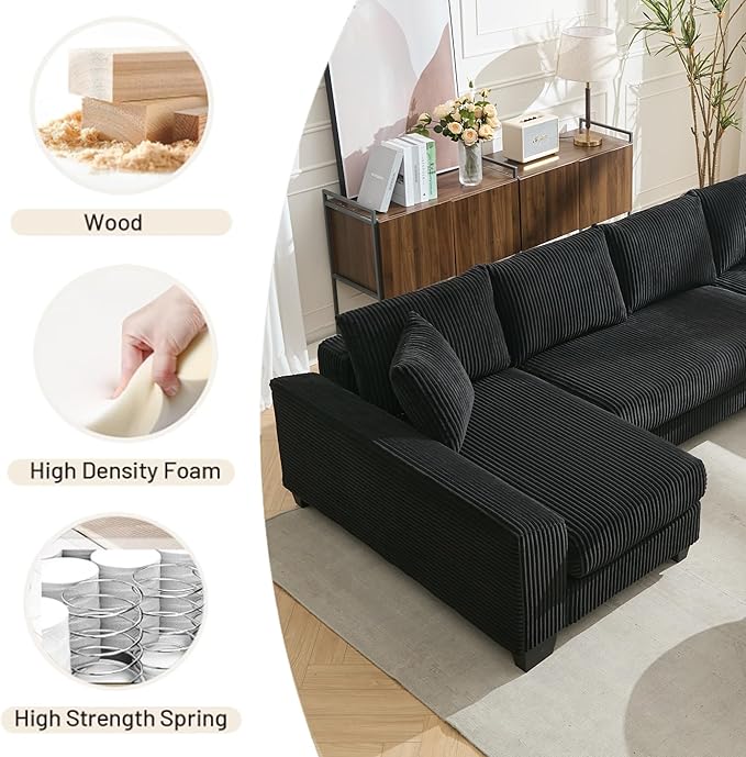 Symmetrical U Shaped Sectional Sofa Convertible Pull Out Sleeper Sofabed with Double Chaise Daybed , Corduroy Upholstered U Shaped Lounge Sofa Couch Bed w/ Throw Pillows for Living Room Apartment