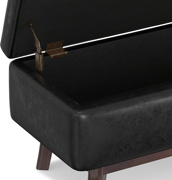 SIMPLIHOME Owen 36 inch Wide Mid Century Modern Small Rectangular Storage Ottoman in Distressed Black Vegan Faux Leather, Assembled, For the Living Room, Entryway and Family Room