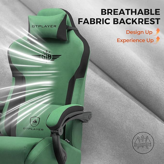 GTPLAYER Gaming Chair Fabric with Footrest, Big and Tall Game Chair High Back Computer Office Chair with Lumbar Support for Adults, Ergonomic Swivel Games Chair with Cushion Gaming Green