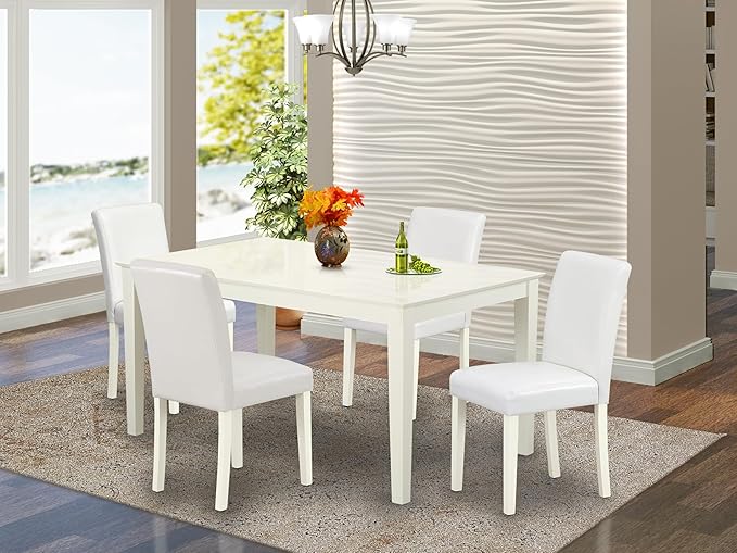 East West Furniture CAAB5-LWH-64 5 Piece Dining Room Furniture Set Includes a Rectangle Dining Table and 4 White Faux Leather Upholstered Parson Chairs, 36x60 Inch, Linen White