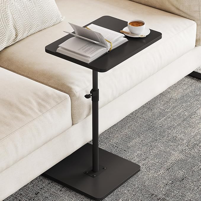 NiHome Minimalist Height Adjustable End Table, 360° Rotatable Sofa Armrest Side Tray Table, Adjustable Legs Space-Saving Couch Bedside TV Tray C-Shaped End Table Snack Table for Eating(Black)