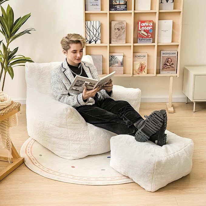 Bean Bag Chair with Ottoman, Armrest Bean Bag Chairs with Filler, Ultra Soft Fluffy Faux Fur Bean Bag Chair with Foot Rest, Plush Lazy Sofa with Foot Stool for Living Room, Dorm