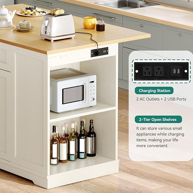 YITAHOME 50" Kitchen Island with Power Outlet & Drop Leaf, Rolling Island Cart with Trash Can Cabinet, Mobile Storage Islands with Microwave Rack, Door Storage Spice Rack, Retro White