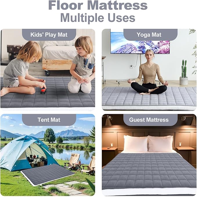 Tiita Futon Mattress 4” Thick Folding Roll Up Sleeping Pad with Bag & Strap, Bed Topper Mat for Guest, Lounger and Tavel, Gray,Queen Size