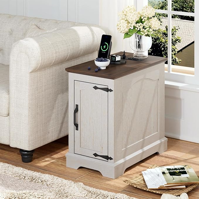 End Tables Set of 2 with Charging Station,13.8" W Narrow Side Table with Storage for Sofa Couch or Bed Side with Outlets & USB Ports, Farmhouse Wooden Nightstand for Bedroom Livingroom