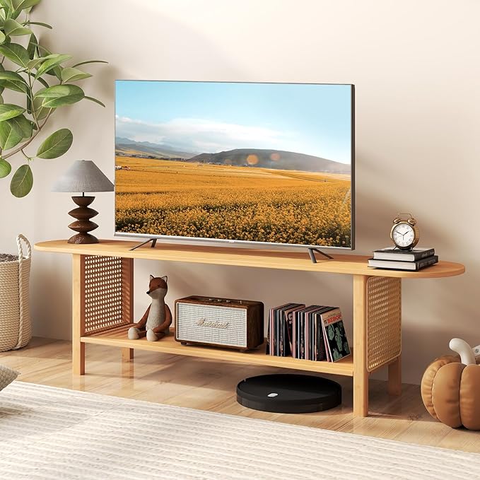 HollyHOME Bamboo TV Stand with Storage for TVs up to 65", Modern Entertainment Center with Rattan Side, Accent TV Table with 2 Shelf, Media Console TV Stand for Living Room, Bedroom, Burlywood