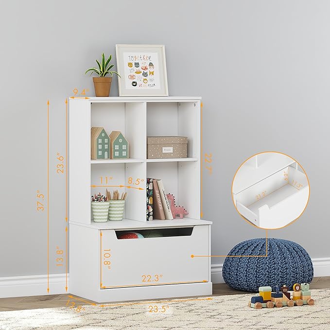UTEX Kids Bookshelf and Toy Storage Organizer, Toddlers Bookcase with Cubbies, Adjustable Wood Shelf with Drawer for Bedroom, Playroom, Nursery, White