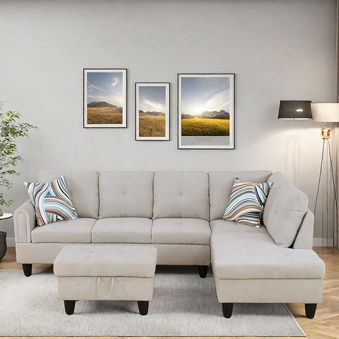 L Shaped Sectional Couches, Modern Modular Sectional Sofa for Living Room Bedroom Furniture, Cozy 4 Seat Couch with Ottoman Storage & Chaise, Gray White