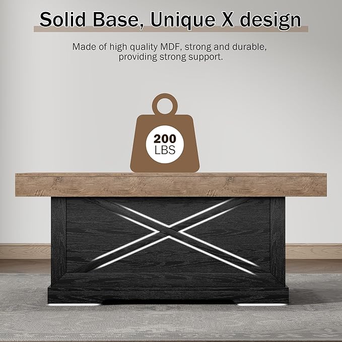 Coffee Table 39 in Rustic Center Table with X-Design Wooden Pedestal for Living Room, Space Saving, Easy Assembly Rectangle Home Office Tea Accent Table for Apartment, Dark Oak Black