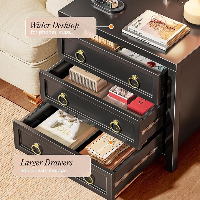 Huuger 23.6 Inch Night Stand with Charger Station and USB-C Port, 3 Drawer Nightstand, Larger Wider Bedside Table, Modern Side End Table, for Bedroom, Black Nightstand