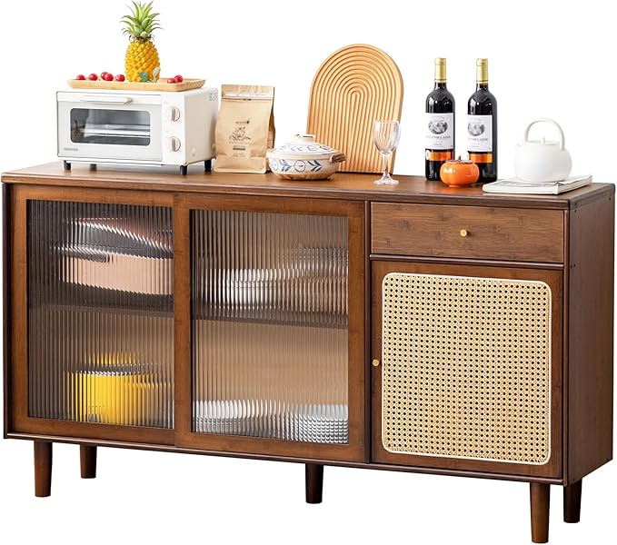 Welnow Buffet Cabinet, Bamboo Sideboard with Storage Rattan Kitchen Display Cabinet with Drawer, Boho Coffee Bar Tables for Kitchen, Living Room, Entryway, Office, Walnut