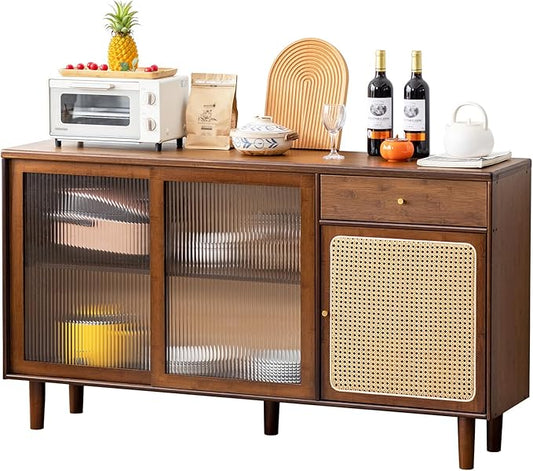 Welnow Buffet Cabinet, Bamboo Sideboard with Storage Rattan Kitchen Display Cabinet with Drawer, Boho Coffee Bar Tables for Kitchen, Living Room, Entryway, Office, Walnut