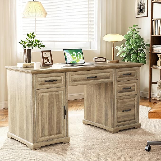Marsail 60″ Farmhouse Executive Desk, Home Office Desk with Storage Cabinet, Charging Station, Adjustable Shelf, and File Drawer, Rustic Computer Writing Desk for Work & Study, Natural