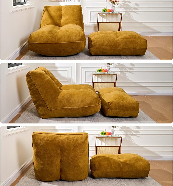 Bean Bag Chair with Ottoman, Comfy Bean Bag Sofa with Memory Foam, Lazy BeanBag Sofa with Footstool, Fireside Bean Bag Couch for Living Room, Bedroom, Apartment (Yellow)