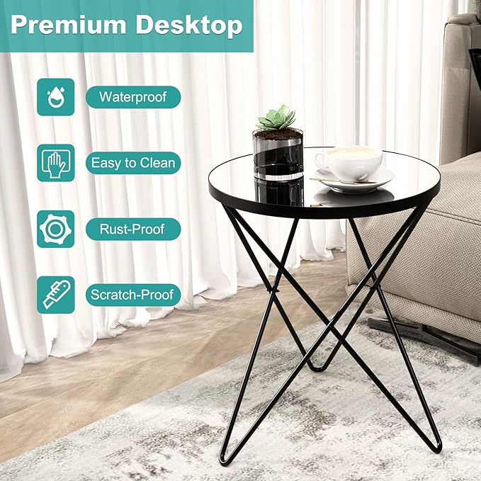 HLR Modern Round Side Table, End Table with Marble Effect Top and Gold Metal Frame, Small Side Table for Living Room, Bedroom, Sofa and Couch, Black Legs, Mirror top