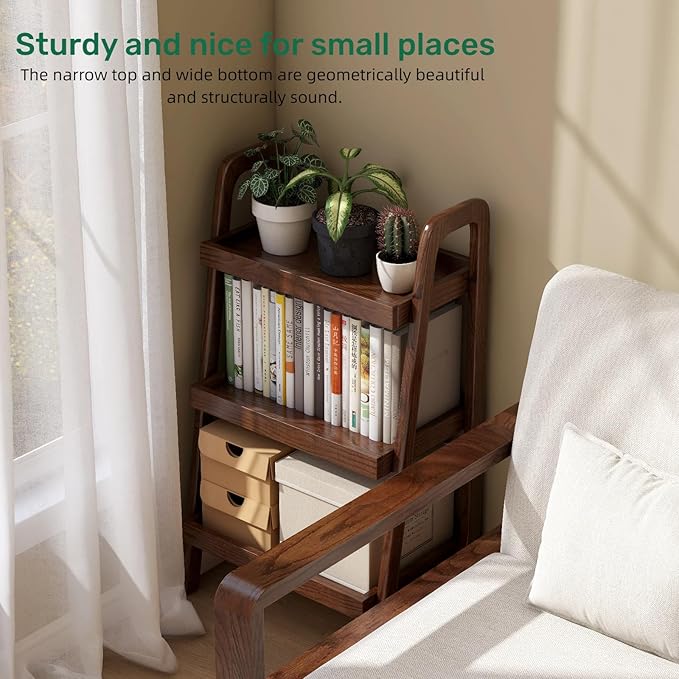 100% Solid Oak 3 Tier Ladder Shelf, Small Bookshelf, Ladder Bookshelf, Bookcase with Stable Frame, Small Table for Living Room Bedroom(Walnut, 12.6" L x 17.72" W x 31.5" H)