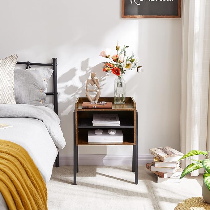VECELO Nightstand Industrial Side End Table/Stackable Accent Furniture with 2-Tier Open Storage Compartments for Bedroom,and Small Spaces