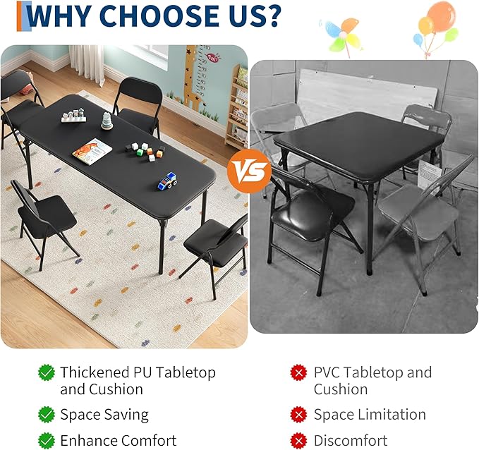 GarveeHome 5-Piece Kids Folding Table and Chairs Set, Toddlers Children's Activity Table and Chairs Set for Dining Room,Daycare,Classrooms