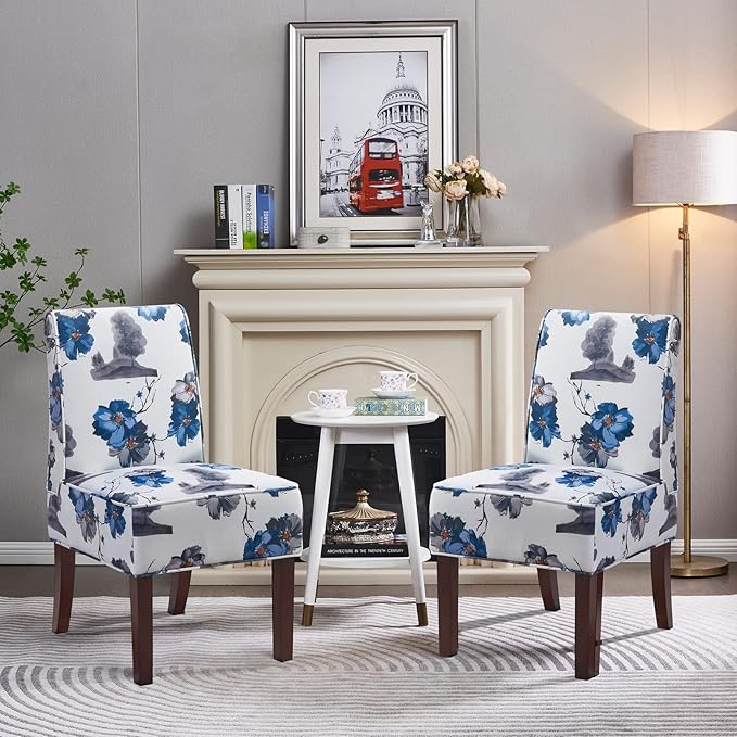 Chair Dining, Upholstered Dining Chair, Accent Chair with Solid Wood Legs and Padded Seat, White Velvet with Ink Paint Pattern Armless Accent Chair for Living Room, Bedroom, Kitchen…