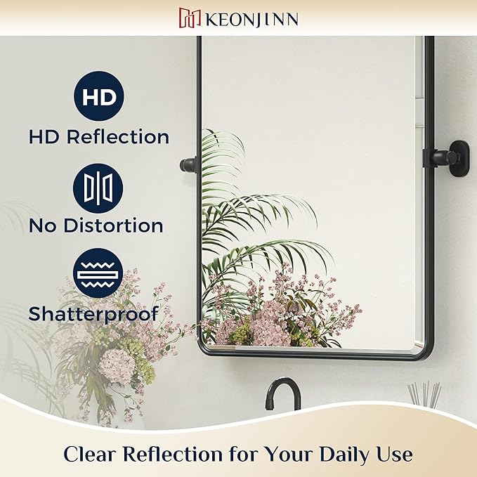 Keonjinn Black Pivot Mirror Bathrooms, 20x30 in Tilt Mirror Bathroom for Over Sink, Black Rounded Corner Farmhouse Pivot Rectangle Mirrors, Metal Framed Beveled Bathroom Mirrors (Horizontal/Vertical)