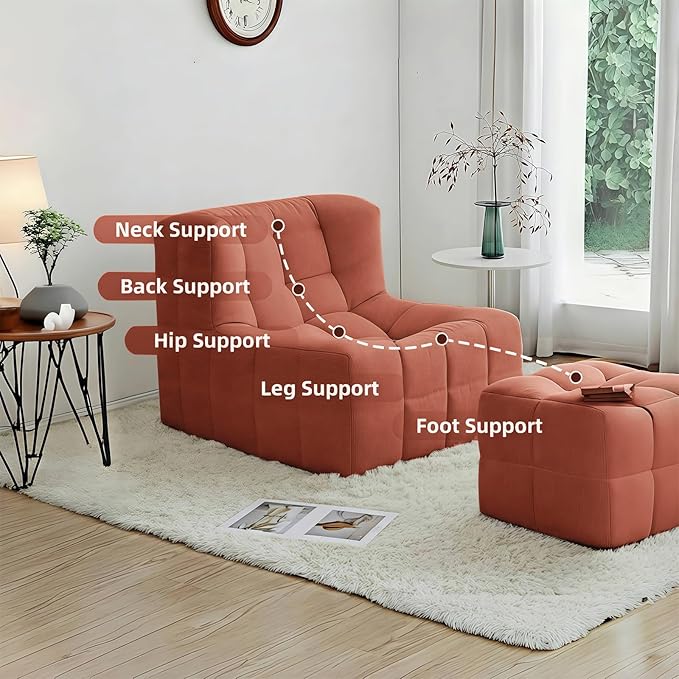 Bean Bag Chair - Memory Foam Bean Bag Chair for Adults, Comfy High-Resilience Single Sofa, Small Space Floor Chair, Chaise Lounge for Living Room, Bedroom (Orange, Square + Ottoman)