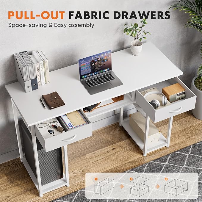 Whitmor Computer Desk - 48 Inch Home Office Study Writing Table with 2 Fabric Drawers, Storage Shelves, Side Bag, Headphone Hook, White