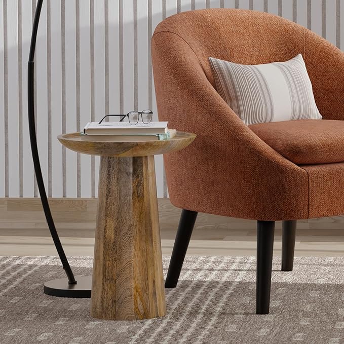 SIMPLIHOME Dayton Solid Mango Wood 13 Inch Wide Round Contemporary Wooden Accent Table in Natural, Fully Assembled, for The Living Room and Bedroom