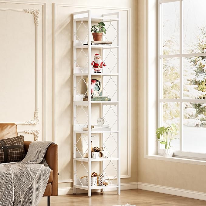 LITTLE TREE Book Shelf, 7-Tier Tall Bookcase, 78.7" Wooden Display Shelves with Sturdy Metal Frame for Living Room, Modern Narrow Standing Bookshelves for Bedroom, White Office Shelf for Small Spaces