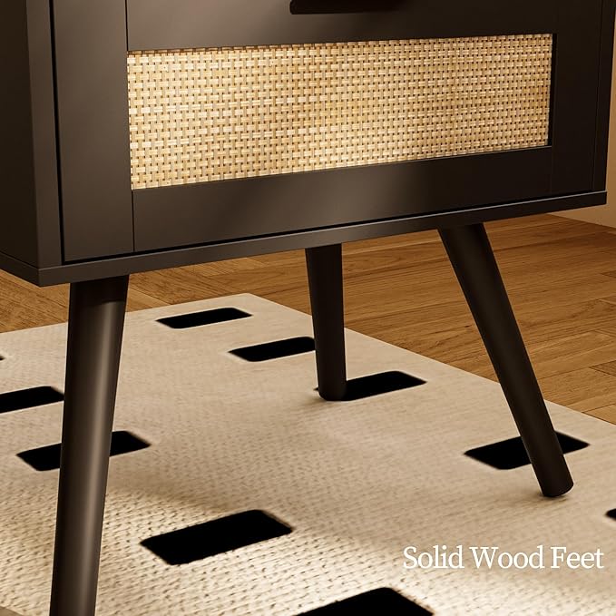 Rattan Nightstand,Farmhouse Bedside Table with 2 Storage Drawer and Open Wood Shelf, for Bedroom and Small Spaces,Night Stand with Solid Wood Legs (Black)