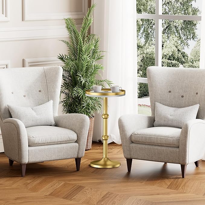 Small Round Side Table, Coffee Drink Table for Small Spaces, Modern Night Stand with Metal Leg, Weighted Iron Base Pedestal Round End Tables for Living Room, Bedroom, Narrow Corners,Sofa Couch