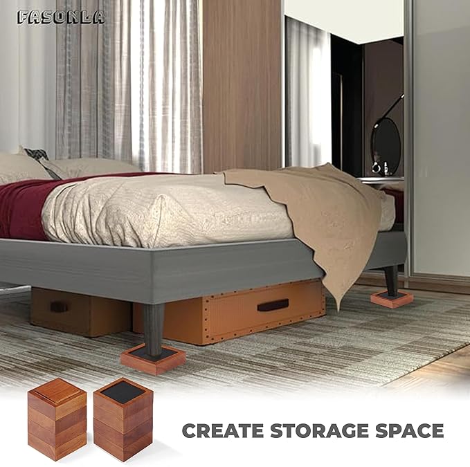 FASONLA Bed Risers (Set of 8) Furniture Risers Lifts Height 1", 2" or 3", Solid Natural Wood Risers for Bed, Furniture, Table, Sofa, Chair with Non-Slip Recessed Hole (Light Brown Color, 1 Inch)