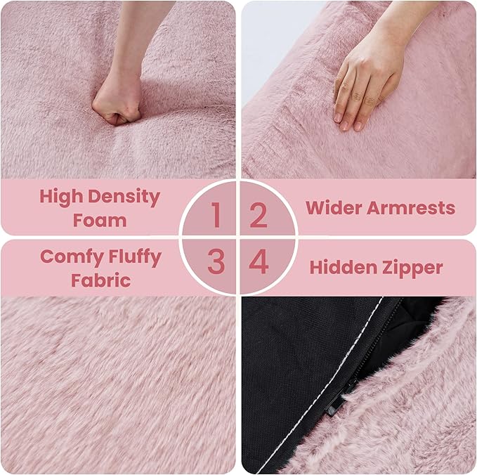 Bean Bag Chairs for Adults, Giant Beanbag Sofa Comfy Reading Chair, Oversized Bean Bag Chairs for Living Room Bedroom, Soft Faux Fur Fabric, 3.2FT, Pink, Plush