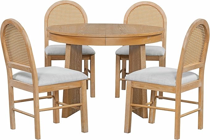 Ball & Cast Retro Dining Table Set for 4 with 4 Upholstered Chairs,5-Piece Wooden Living Room Furniture W/ 58" Round Extendable Kitchen Desk,for Small Space,Apartment,Dining Room,Natural Wood Wash