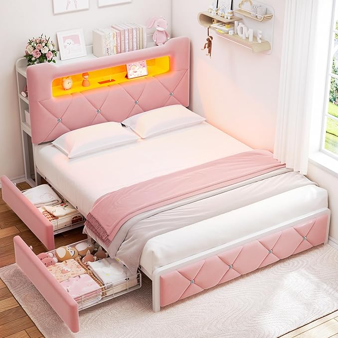 Queen Upholstered LED Bed Frame with 2 Storage Drawers and 2-Tier Storage Headboard,Velvet Princess Platform Bed with Charging Station & Bookcase, Corner Bed Frame, Heavy Duty Metal Support, Pink