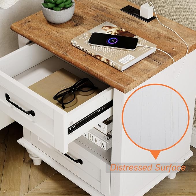 WAMPAT White Side Table with 2 Drawers & Charging Station, Mid Century Nightstand for Bedroom with Power Outlets & USB Ports, Wooden Bedside Table Night Stand with Shelf for Living Room, Antique White