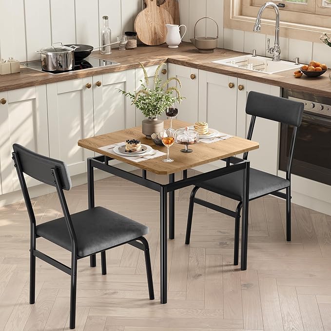 IDEALHOUSE 3 Piece Dining Room Table Set, Kitchen Table Set for 2 with Brown Wooden Grain Kitchen Table and 2 PU Upholstered Metal Chairs, Dining Room Set for Small Space,Home Dinner(2 Black Chairs)