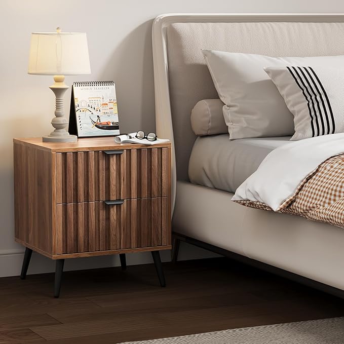 Nightstands, Walnut Fluted Night Stand, Mid Century Modern Nightstand, Bedside Table with Seamless Slatted Drawer, End Tables Bedroom with Metal Legs, Night Stand for Bedroom