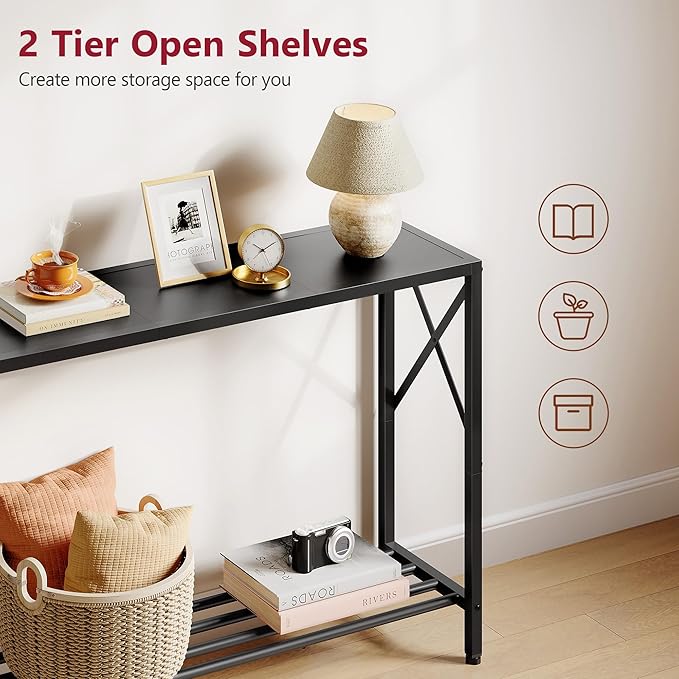 Tajsoon Console Table, 2-Tier Entryway Table, 41.8”L Narrow Sofa Tables with Shelves, Behind The Couch, for Entrance, Hallway, Living Room, Foyer, Corridor, Office, Black