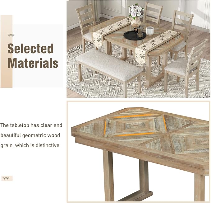 Ball & Cast 6 Piece Wood Dining Table Set with 4 Upholstered Chairs & 1 Bench,Kitchen Table and Chairs for 6 W/ 51.8" Rectangle Desk,for Restaurant,Home Bistro,Natural Wood Wash