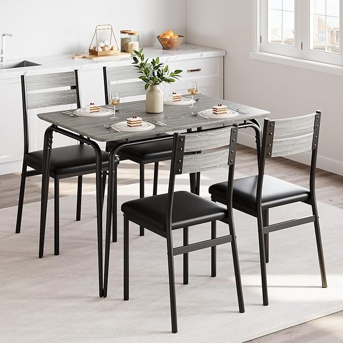 5 Piece Dining Table Set for 4, Compact Square Table Chairs, Sturdy MDF Top, Metal Frame, Space-Saving Breakfast Set for Kitchen, Apartment, Office, Easy Assembly Wipe-Clean